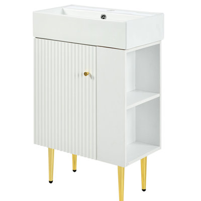 Coffre de salle de bain moderne 21,6 po - Lavabo en céramique blanche avec meuble-lavabo droit, lavabo, tablette, structure, porte à fermeture en douceur, look