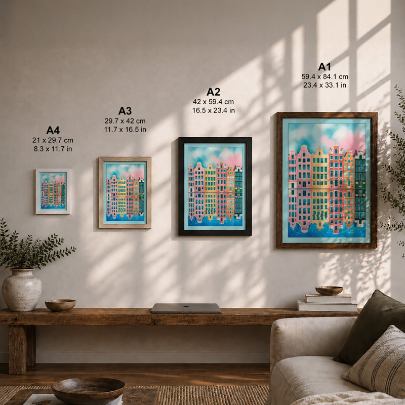 European Waterside Houses Retro - Framed Print, A2 - 59.4 x 42.0 cm, Walnut