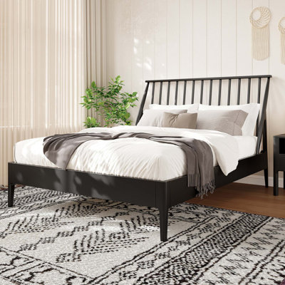 Grand lit plateforme Spindle avec tête de lit haute de 46,5 po, cadre de lit bohémien avec lattes de bois et support en métal, style Mid-Century moderne, aucun sommier nécessaire