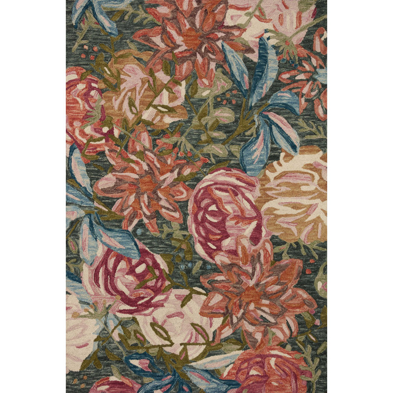 Tapis floral rouge / beige en laine crocheté à la main Ocasio, Carré 1 pi 6 po
