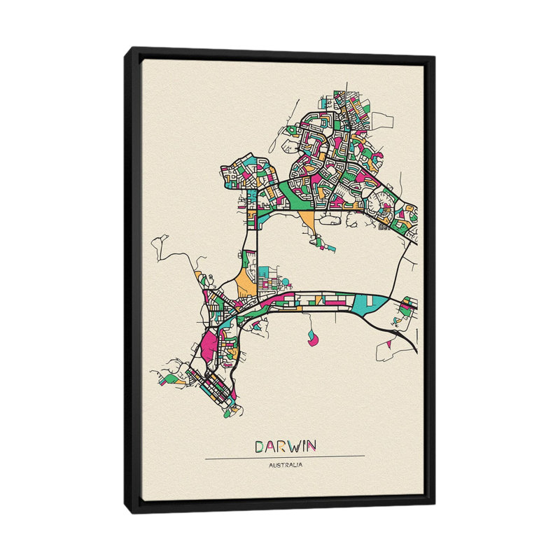 Darwin, Australia Map by Ayse Deniz Akerman - Floater Frame Print on Canvas