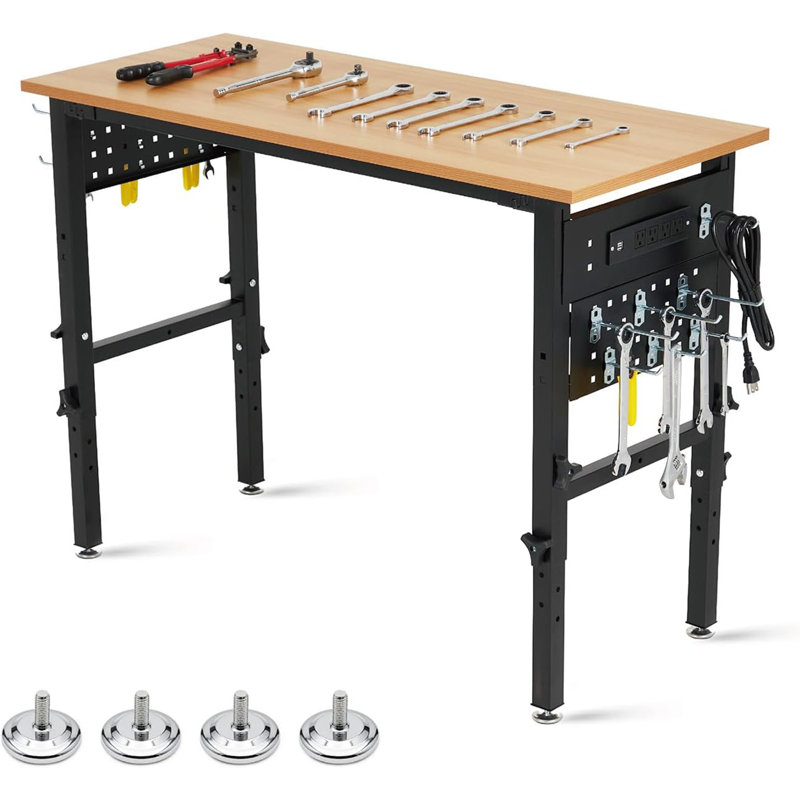 Établi à hauteur réglable de 48 po avec barre d'alimentation, table de travail en bois franc robuste avec structure en métal, établi de garage avec patins antidérapants pour atelier, garage, bureau, maison