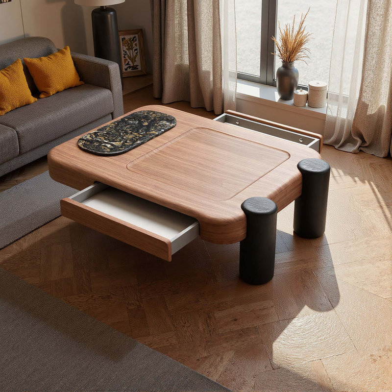 Table basse moderne moderne avec deux tiroirs et un plateau en marbre amovible