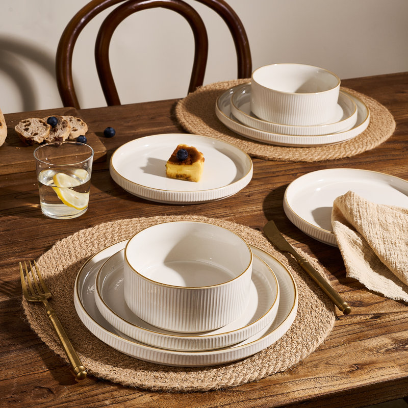 Latitude Run® Stoneware Dinnerware Sets, 12 Piece Dish Set, Cream