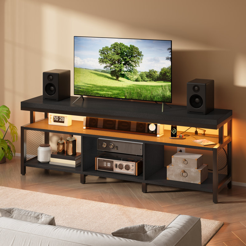 Palermo LED TV Stands w/Power Outlets for 70" Modern Entertainment Center w/Open Storage, Black