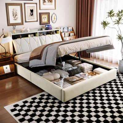Ottoman Storage Bed Frame with Charging Station & Headboard Storage, Hydraulic Lift-Up Base