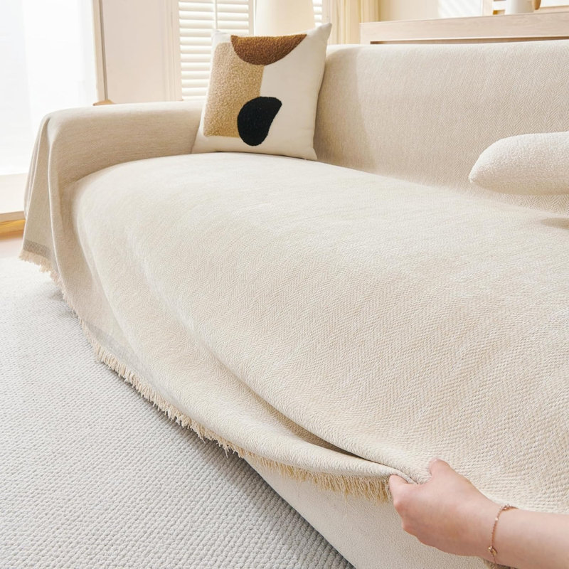 Cotton Box Cushion Sofa Slipcover, Chenille - Beige
