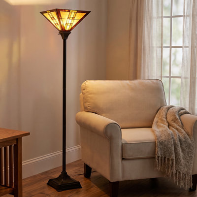 Millwood Pines Tiffany Style Floor Lamp – Mission Design Art Glass Torchiere Lighting LED Bulb Included- Vintage Look Handcrafted Accent Decor