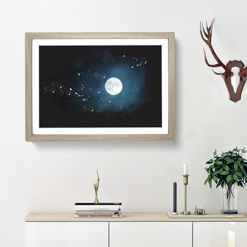 The Full Moon at Midnight - Picture Frame Graphic Art Print, 45cm H x 63cm W x 2cm D, Oak Framed