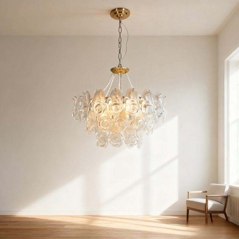 Lustre à intensité variable de style Mid-Century à 9 lumières avec abat-jour en verre rose