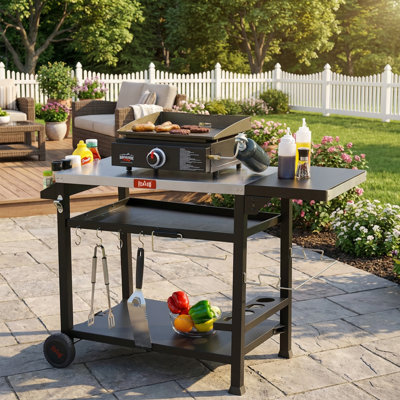 3-Tier Stainless Steel Grill Cart - Outdoor Pizza Oven Stand with Wheels, Mobile Grill Part for BBQ & Food Prep