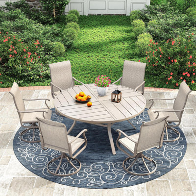 Outdoor Patio Dining Set - 53” Round Table with Umbrella Hole + 6 Swivel Chairs