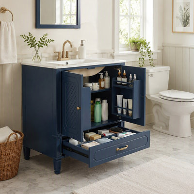 Meuble-lavabo 30 po avec lavabo style rétro, espace de rangement multifonctionnel, tablette de porte, porte à fermeture en douceur