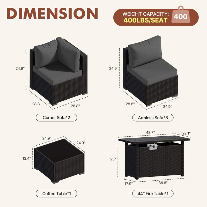 Caradog Wicker 6 - Person Patio Conversation Sets with Cushions, Coffee Table and 44" Fire Pit Table