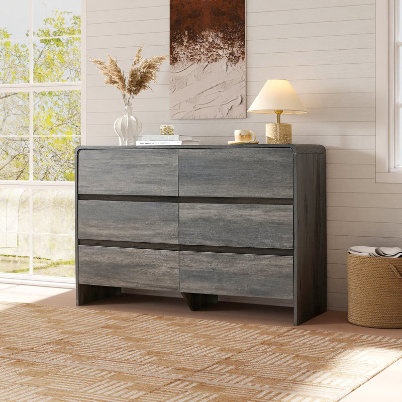 Commode moderne à 6 tiroirs avec finition grain de bois, Noir