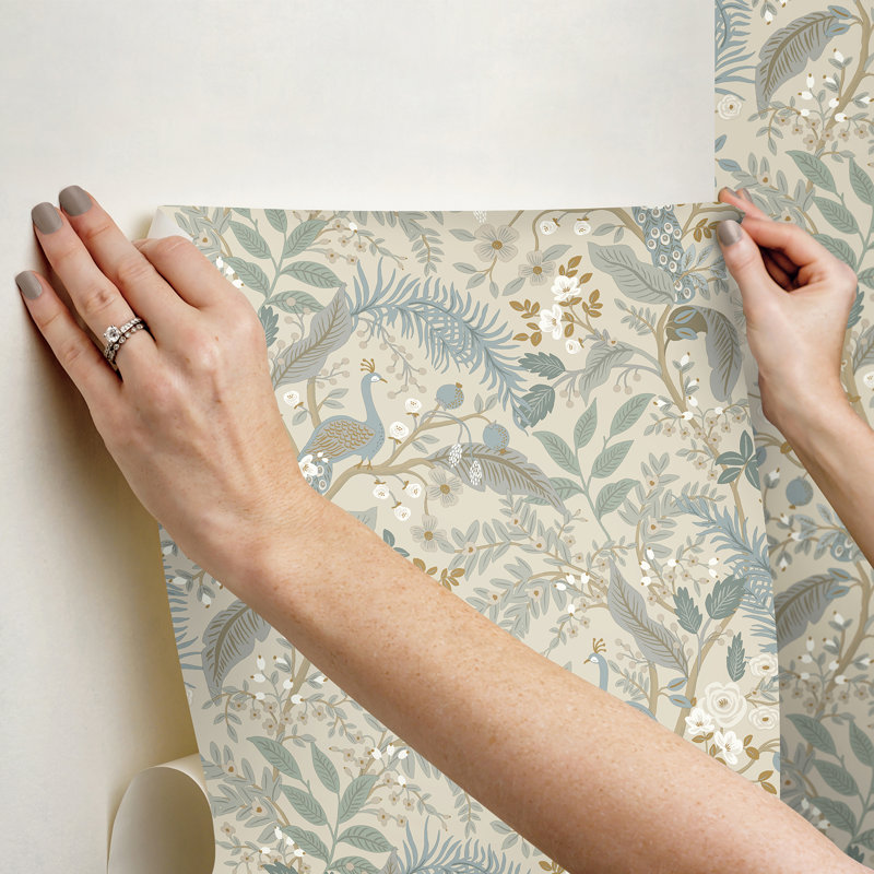 Peacock Garden Navy Peel and Stick Wallpaper, Beige