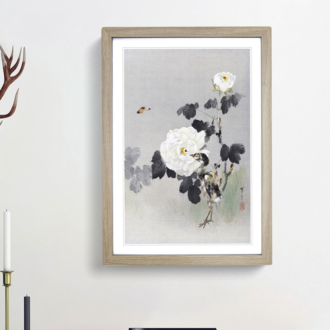 Young Bird and Butterfly by the Roses by Watanabe Seitei - Framed Print
