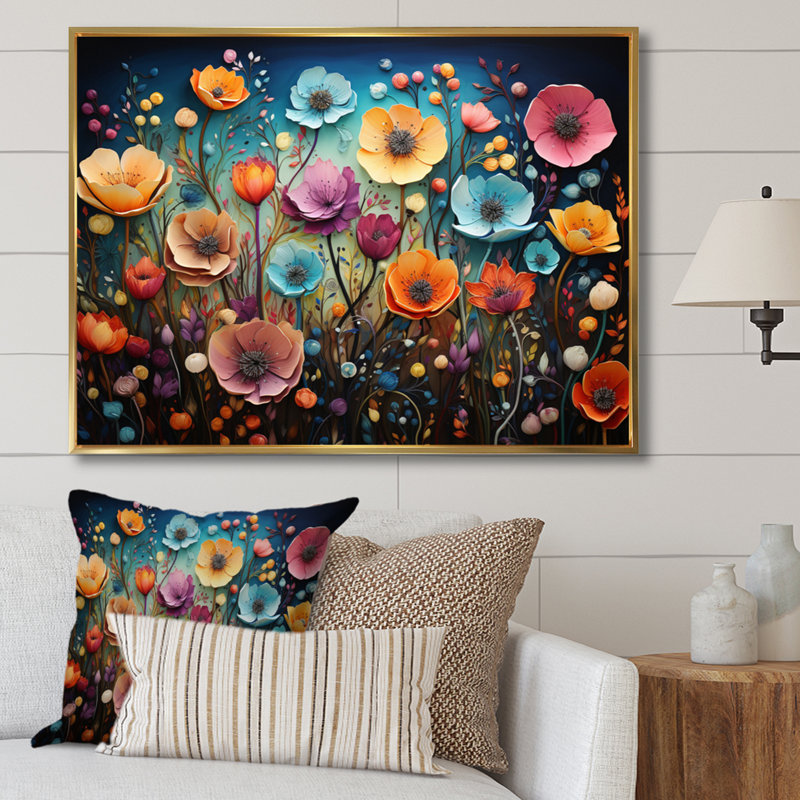 Fleurs colorées fantaisistes - Art mural fleurs sauvages, H 24 po x l 32 po x P 1 po, Cadre flottant doré