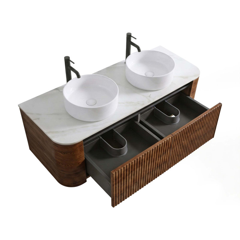 Meuble-lavabo double lavabo incurvé Erba, fini noyer