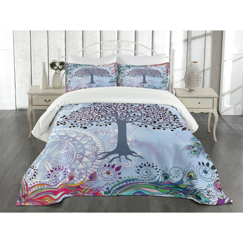 King Size White Quilted Bedspread Set with Tree of Life Design