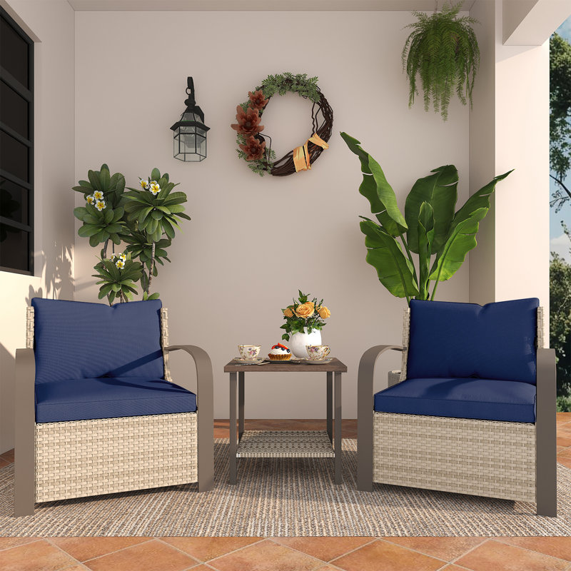 Ensemble de conversation 3 pièces à haut dossier pour l'extérieur, chaises en osier avec coussin moelleux et table d'appoint pour la cour, la piscine, le jardin et le patio