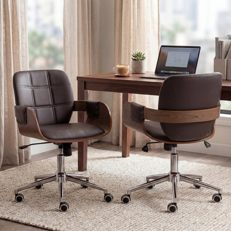 Ryonie Faux Leather Upholstered Swivel Office Chair, Brown