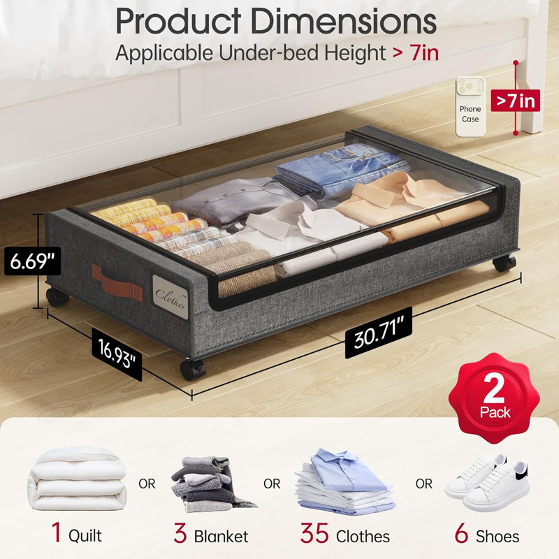 Under Bed Storage With Wheels, 2Pack Under Bed Storage Containers, Underbed Shoe Storage Organizer, Rolling Under Bed Metal Drawers For Clothes, Blankets(30.71 X 16.93 X 6.69 In)