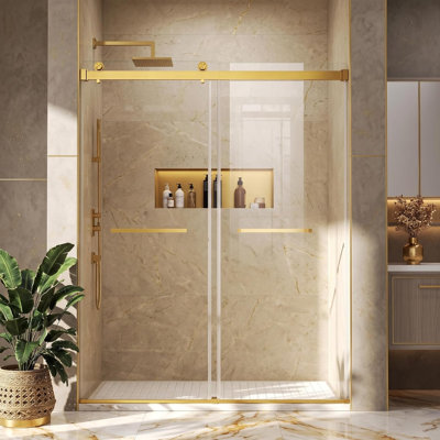 43"-48" W x 78" H Frameless Double Sliding Shower Door in Brushed Gold with 1/4" Clear Tempered Glass, Nano Coating