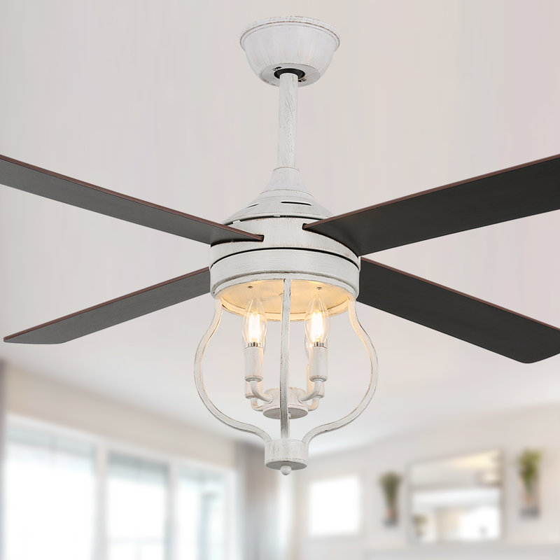 Kahliel 52" Industrial 4-Light Caged Ceiling Fan with Lights and Remote, 6-Speed Reversible Ceiling Fan, Black, White