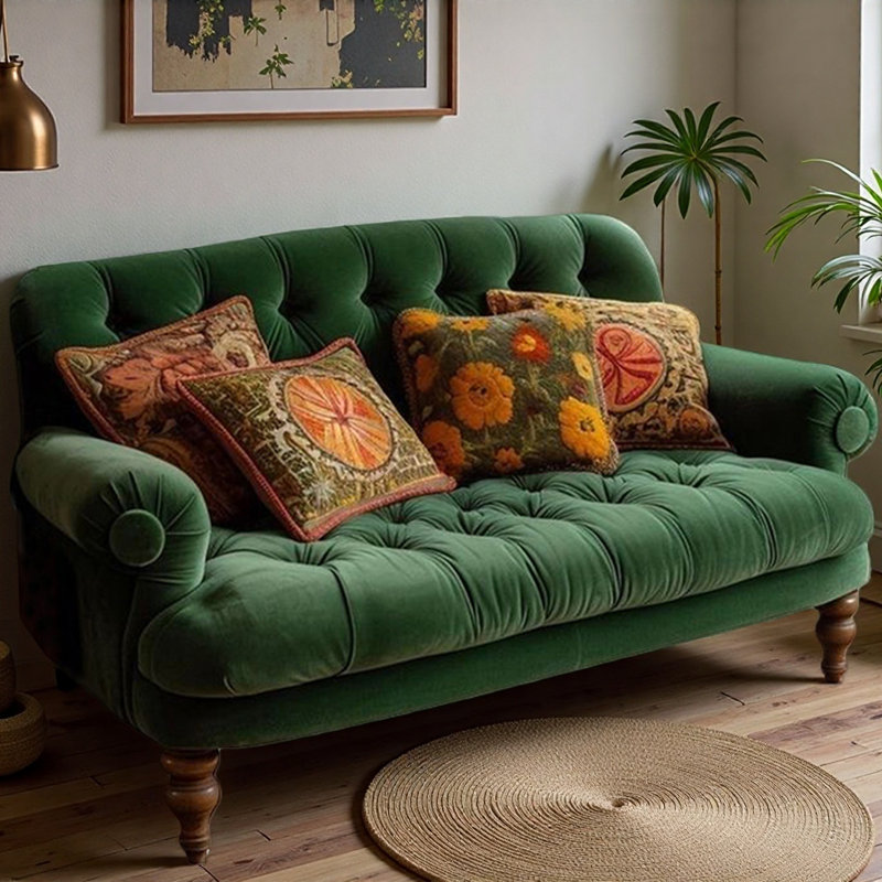 Green Buckle Straight-Back Two-Seater Sofa