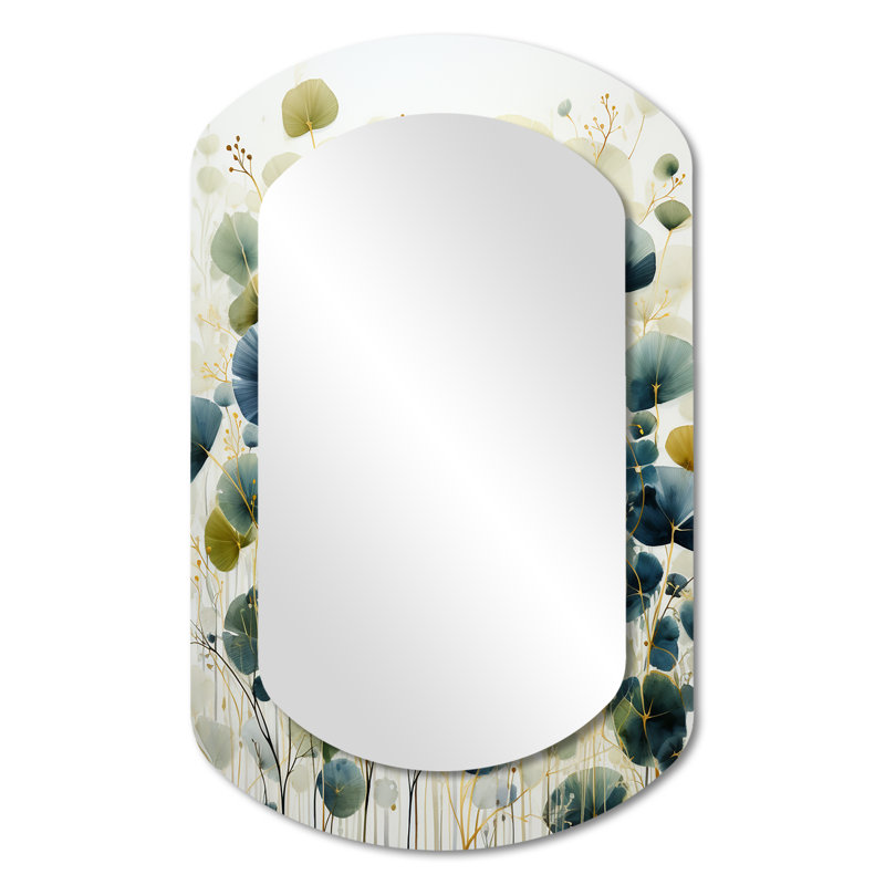 «Blue Green Botanical Elegance», miroir décoratif cylindrique Botanicals, miroir mural asymétrique bleu, impression d'art en métal
