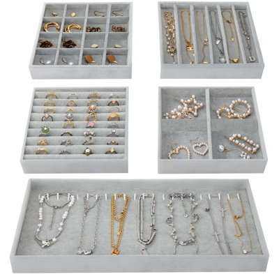 Rangement pour bijoux et rangement, organisateur de tiroir à bijoux empilable 14 po, ensemble de 5 plateaux à bijoux avec séparateurs amovibles, gris