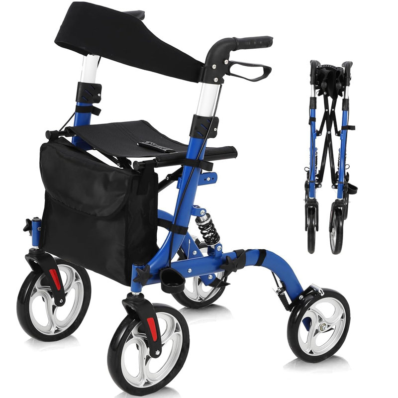 Déambulateurs pour personnes âgées avec siège, déambulateur pliable avec siège, amortisseur, roues en caoutchouc de 12 po, hauteur réglable avec dossier, déambulateurs à cadre léger en aluminium pour personnes âgées