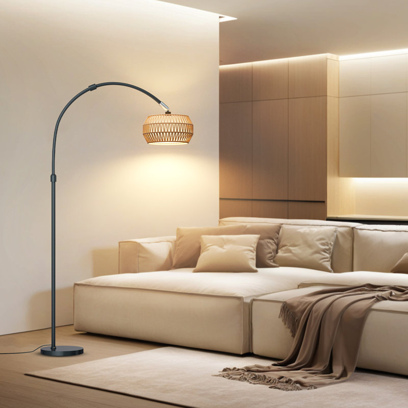 Arc Bohemian Floor Lamp with Rattan Shade, Smart Dimmable Lighting & Remote Control