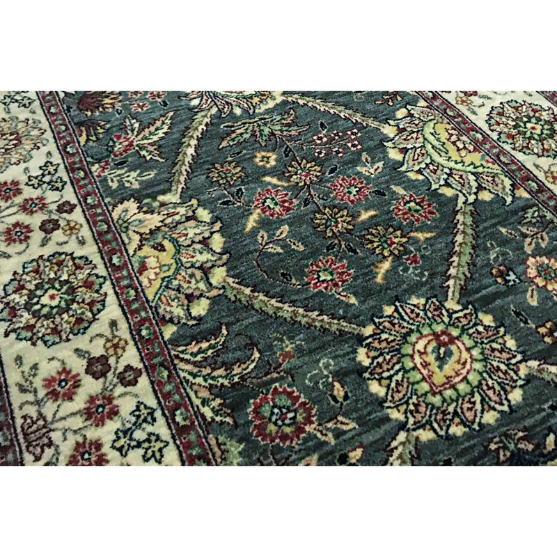 Hand-Knotted High-Quality Green and Gray Runner