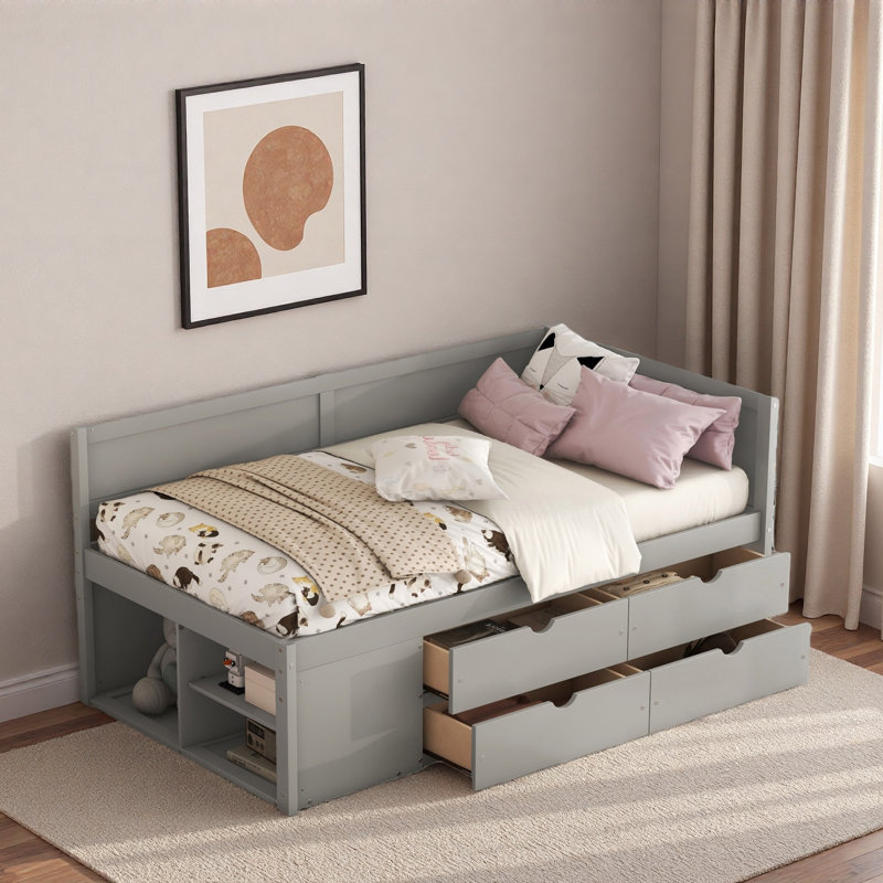 Lit de jour avec tiroirs et tablettes, Gris, Lit simple