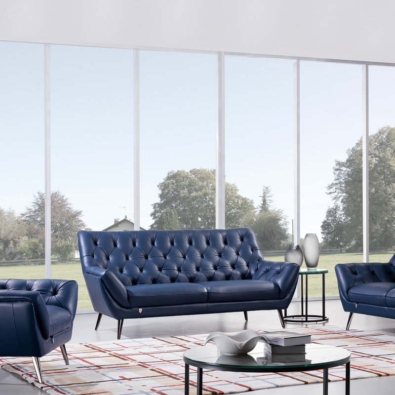 Canapé à accoudoirs évasés en cuir véritable 81 po Bodell, Cuir véritable marine