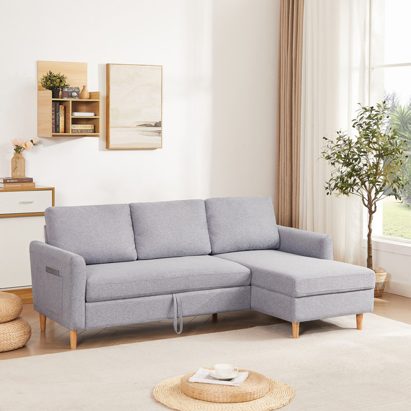 Canapé-lit réglable en L avec méridienne, Tissu gris clair