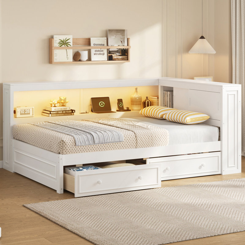 Wood Daybed With Storage Shelves, USB, LED, And 2 Drawers, White