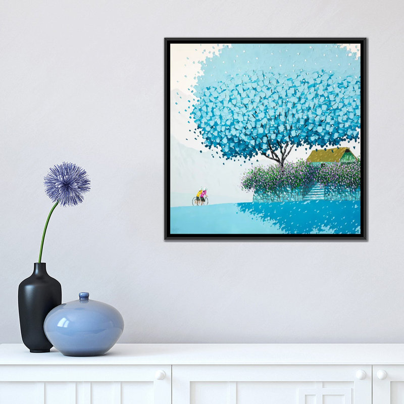 «Winter», peinture sur bois, H 18 po x l 18 po x P 1,5 po, Toile encadrée noire, Pas de tapis