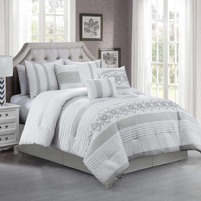 7-Piece Bohemian Embroidery Pleated Stripe Comforter Set , Gray, King Comforter + 6 Additional Pieces