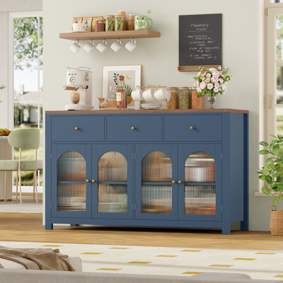 Bonnetta 55.1"W Modern Buffet Sideboard with Fluted Doors – Storage Cabinet with Drawers & Adjustable Shelves, Coffee Bar Console Table, Credenza for Living Room, Dining Room, Kitchen