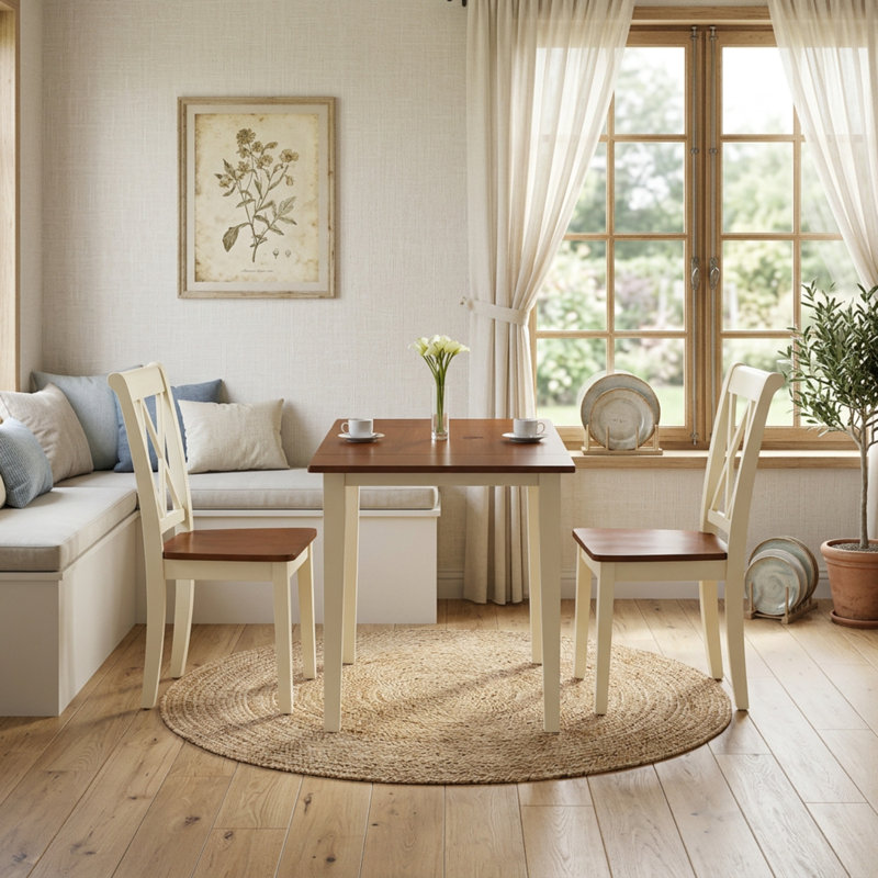 Ensemble de table et de salle à manger rectangulaires en bois dur asiatique (hévéa) de couleur cerisier babeurre, avec rallonges rabattables et chaises à double dossier en X.