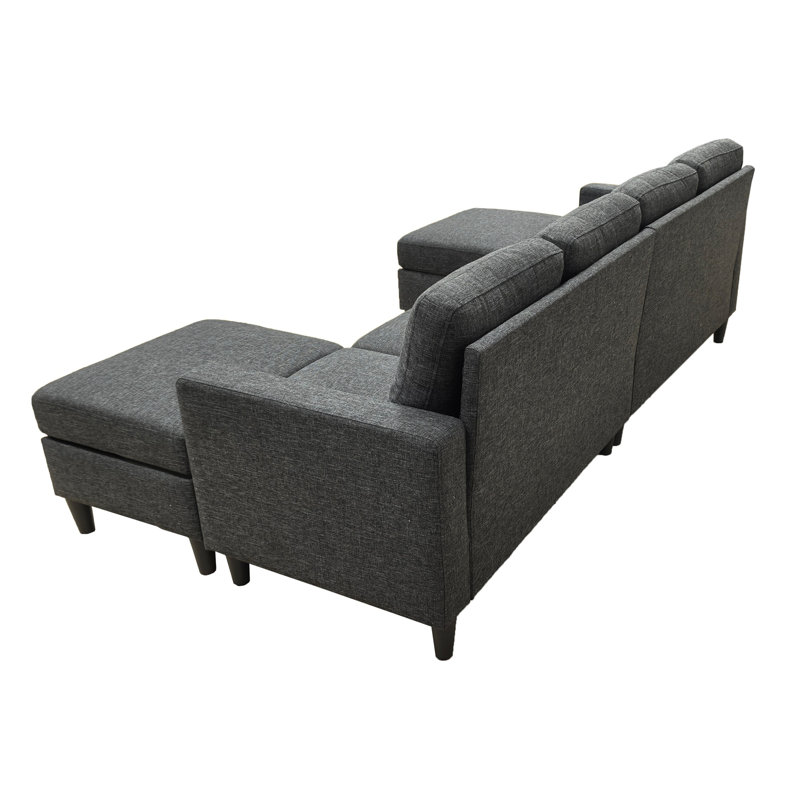 Linen Upholstered Modular Sectional with 2 Ottomans, Linen Charcoal Black