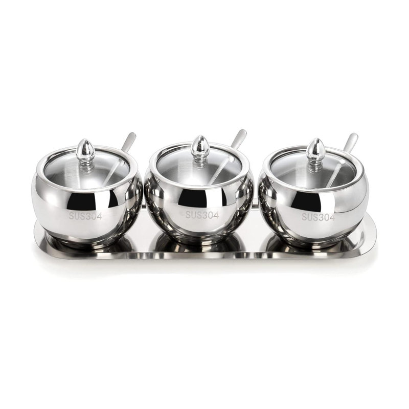 3 Grids 304 Stainless Steel Seasoning Containers Set With Lid Spoon And Tray, Condiment Jar Spice Container, Condiment Canisters Pots For Serving Sugar, Pepper, Salt, Spice