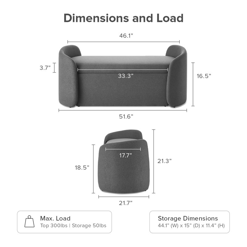 Jayren Upholstered Storage Bench, Dark Gray Fabric