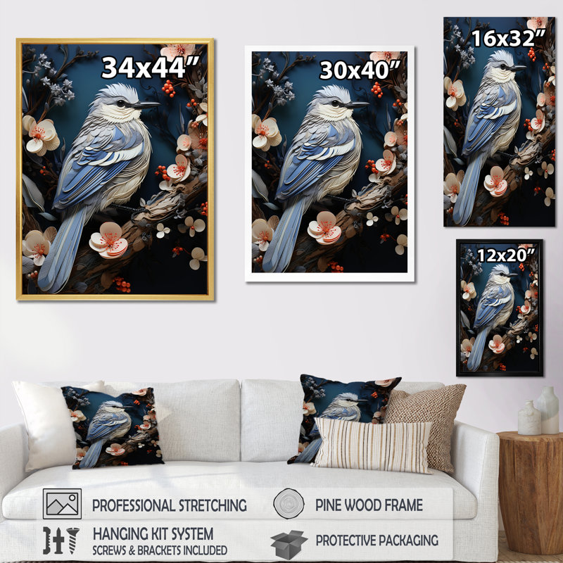 Oiseau nid surréel sur fleurs I - décoration murale oiseau, Cadre simple blanc, H 44 po x l 34 po x P 1,5 po