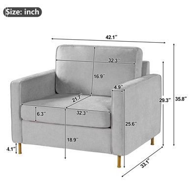Canapé simple rembourré en chenille de 42,1 po avec accoudoirs carrés, dossier rembourré et pieds en fer jaune pour salon, chambre à coucher et coin lecture, beige
