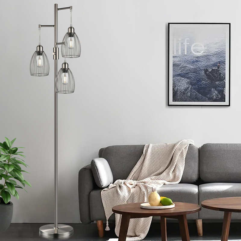 Farmhouse Industrial Floor Lamp Standing Tree Lamp With Elegant Teardrop Cage Tall Lamps, Brushed Nickel