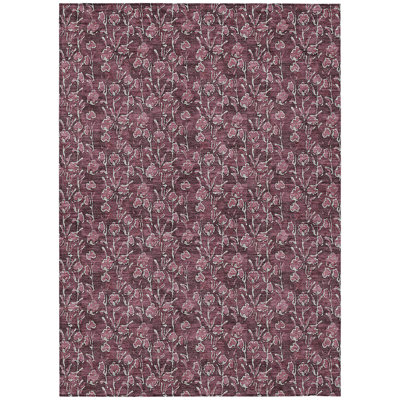 5' X 8' Merlot Mauve And Ivory Floral Washable Indoor Outdoor Area Rug